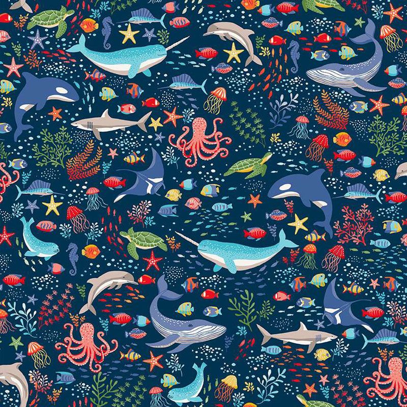 Deep Blue Sea Fabric: Creatures, Dark Blue