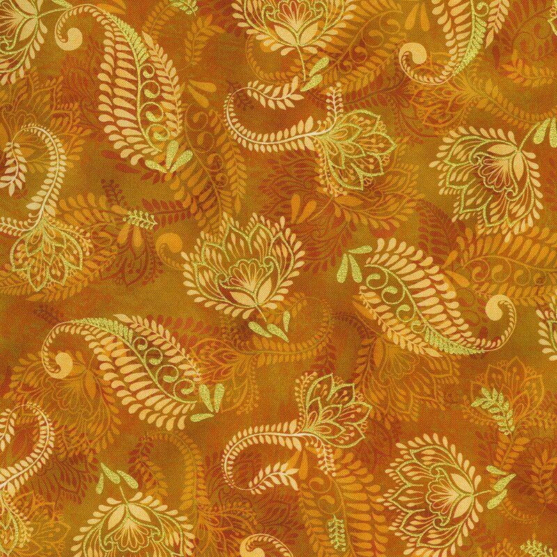 Golden Feathers fabric: Paisley Flowers and Feathers, Orange