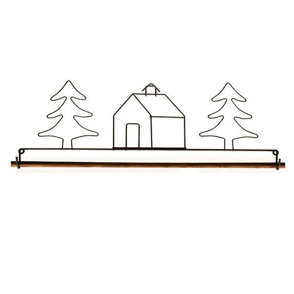 Patchwork Quilt Wire Hanger  Schoolhouse & Evergreen Tree 16"