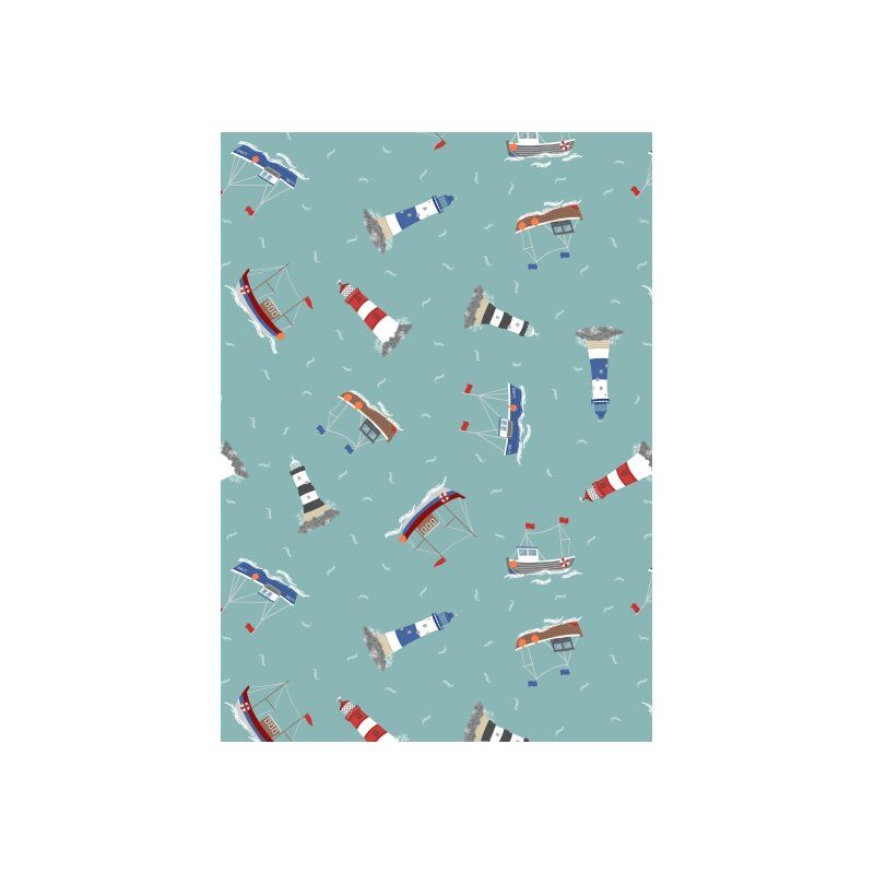 Conversationals Fabric: Boats and Lighthouses on Sea Green