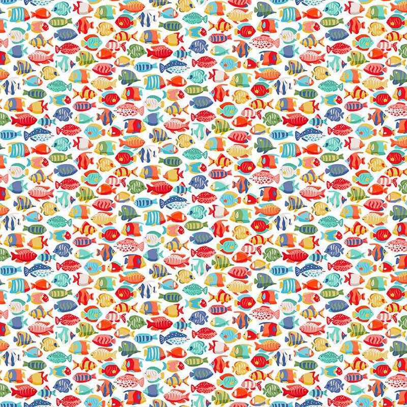 Deep Blue Sea Fabric: Fish Shoal, White