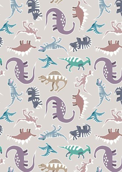 Dino Glow Fabric Dinosaurs on Warm Grey (Glow in the Dark) Lewis and Irene
