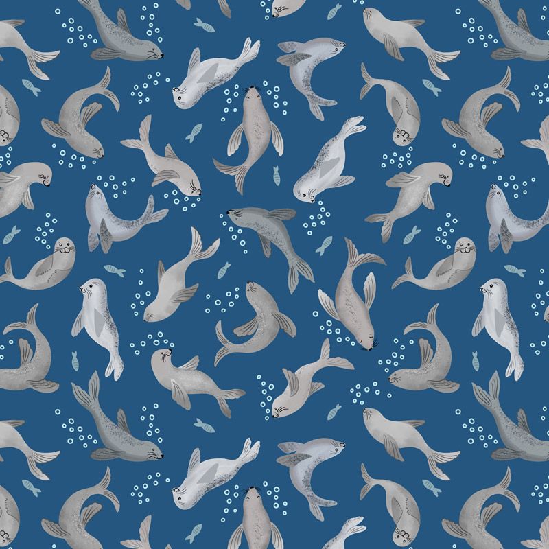 Puffin Rock fabric: Seal Bubbles on Dark Blue
