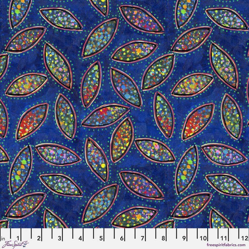Sue Penn Paper Trees fabric: Leaf Pile, Blue