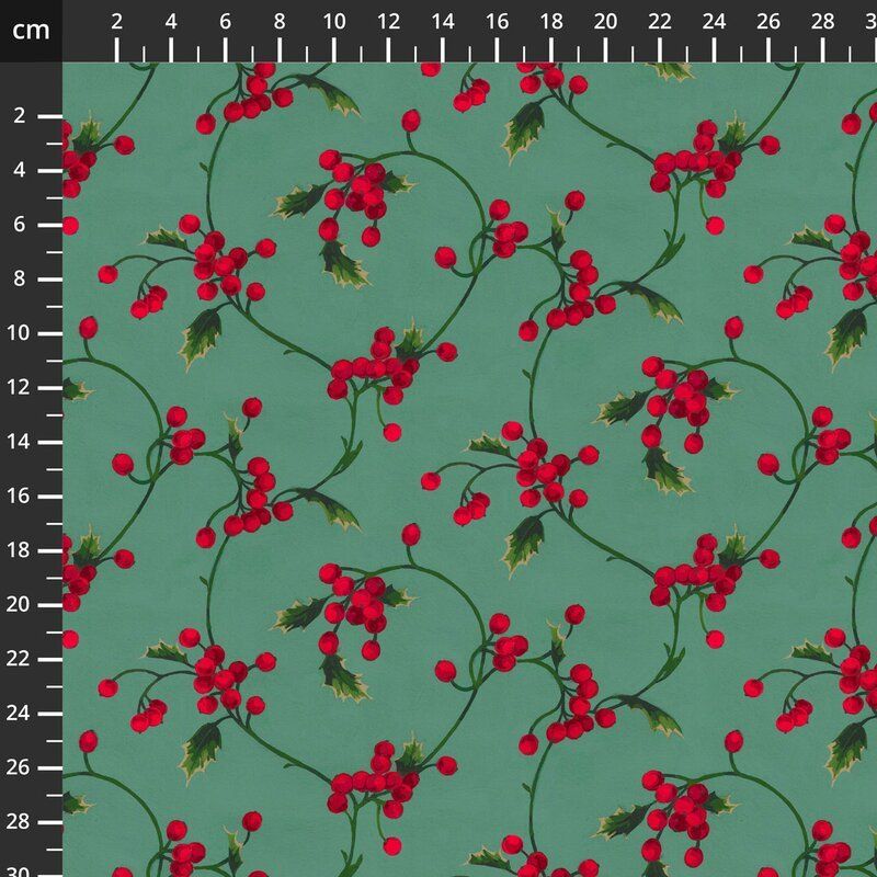 Glad Tidings Fabric: Martha Negley, Holly Day, Scroll, Green