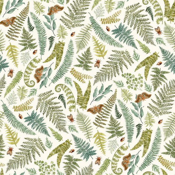 Wild Harvest fabric: Ferns and Moths, White