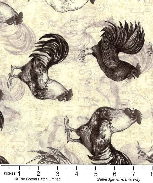 Animals fabrics: Roosters, Black on Ivory
