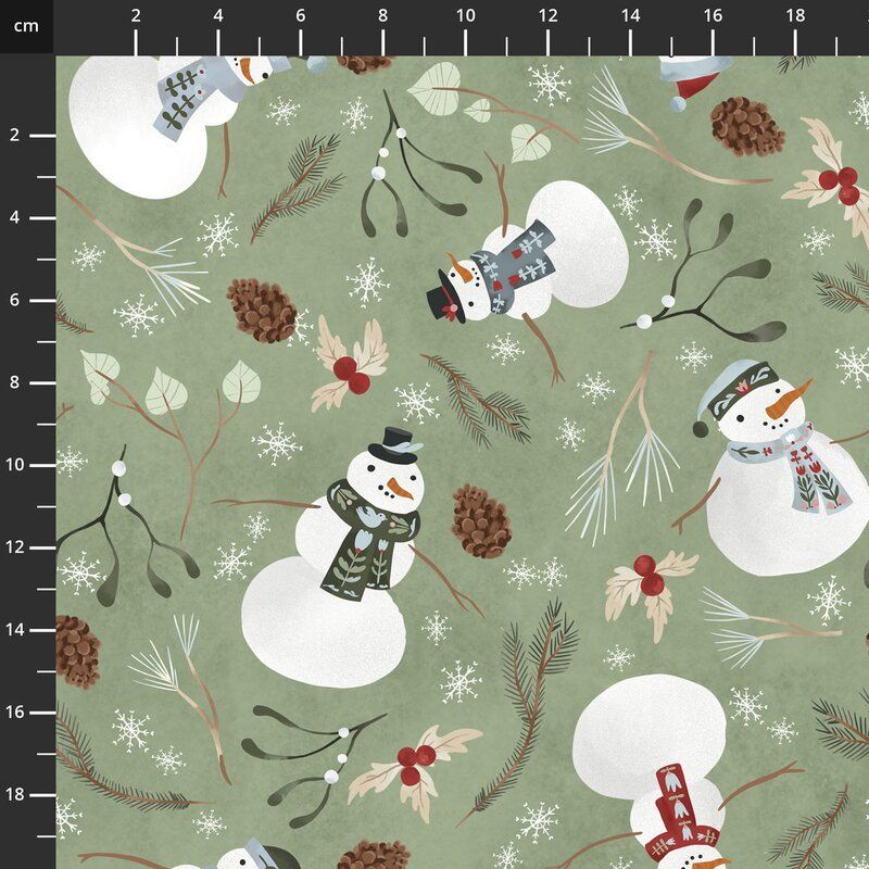 Glad Tidings We Bring Fabric: Snowmen, Light Green