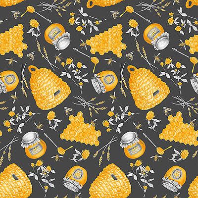Show Me The Honey Fabric: Beehives & Honey Jars Grey (per 1/4 metre)