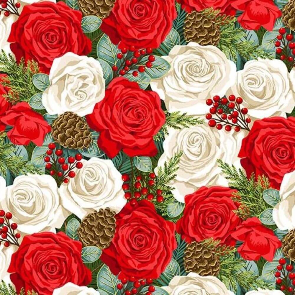 Classic Foliage fabric, Christmas Roses, Multi
