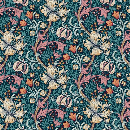 Morris & Co. Quilt Backs: Golden Lily, Teal (per 1/4 metre)