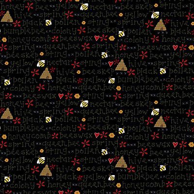 Gail Pan Designs: Bee Hives & Text Black (per 1/4 metre)