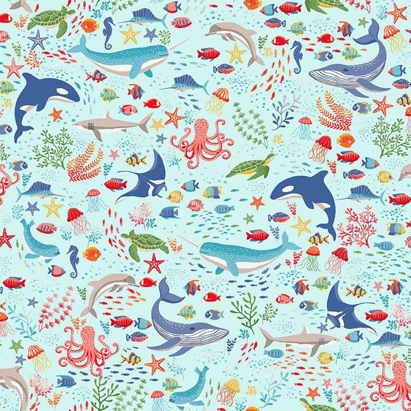 Deep Blue Sea Fabric: Creatures, Light Blue
