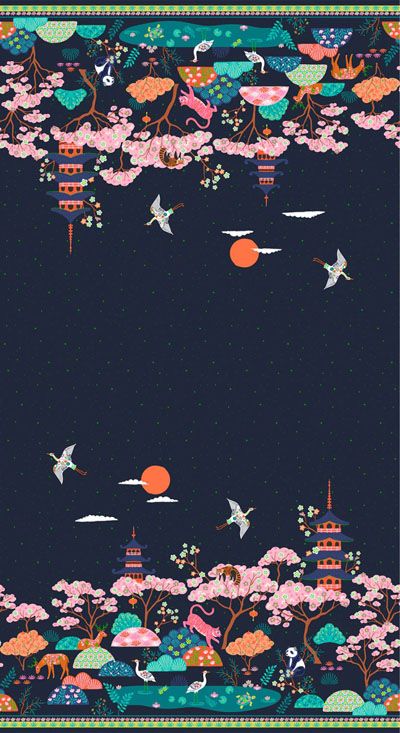 Blossom Days Fabric: Scenic Double Border Ink (per 1/4 metre)