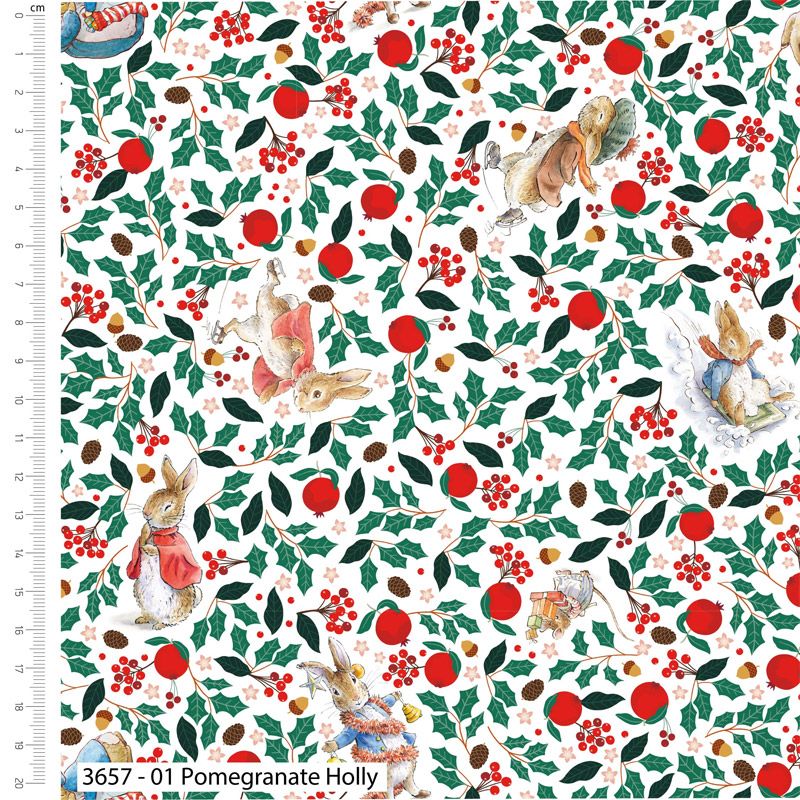 Peter Rabbit Christmas Orchard fabric: Pomegranate Holly Peter Rabbit Christmas Orchard fabric: Pomegranate Holly