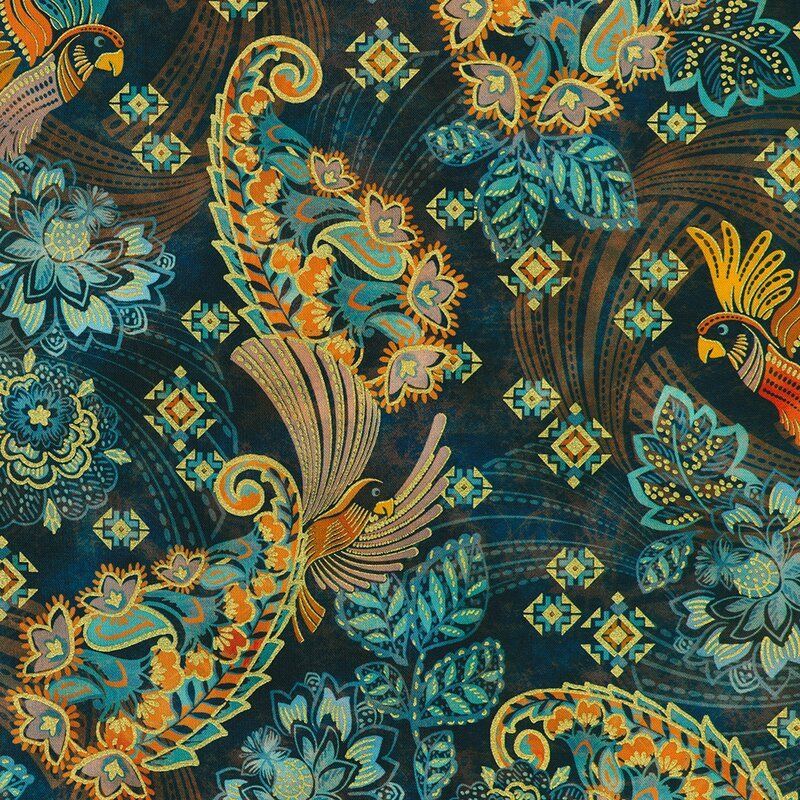 Golden Feathers fabric: Floral Paisley Birds, Navy