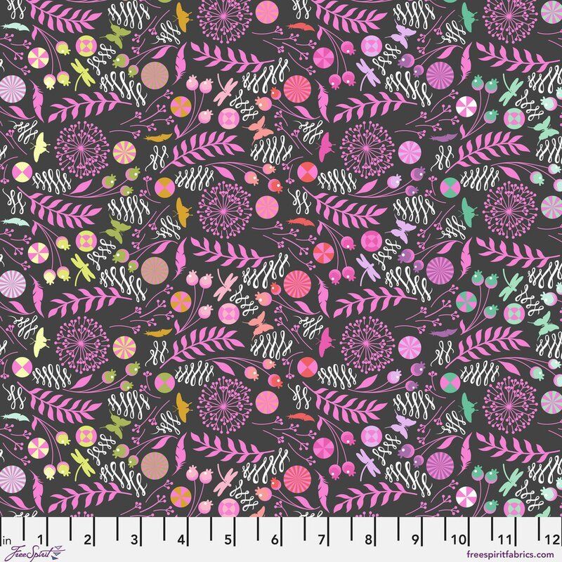 Tula Pink, Prince Charming Deja Vu fabric: Dandelion, Licorice