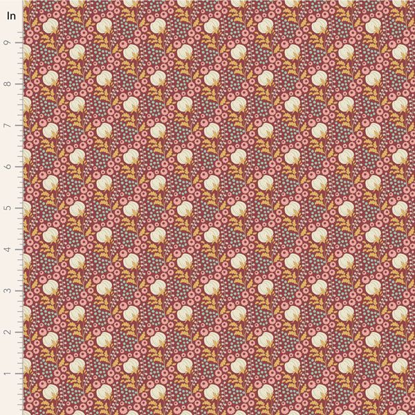 Tilda Sanctuary fabric: Rhubarb and Caramel, Cotton Field Maroon