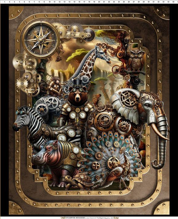 Steampunk Menagerie fabric, Steampunk Large Panel Steampunk Menagerie fabric, Steampunk Large Panel