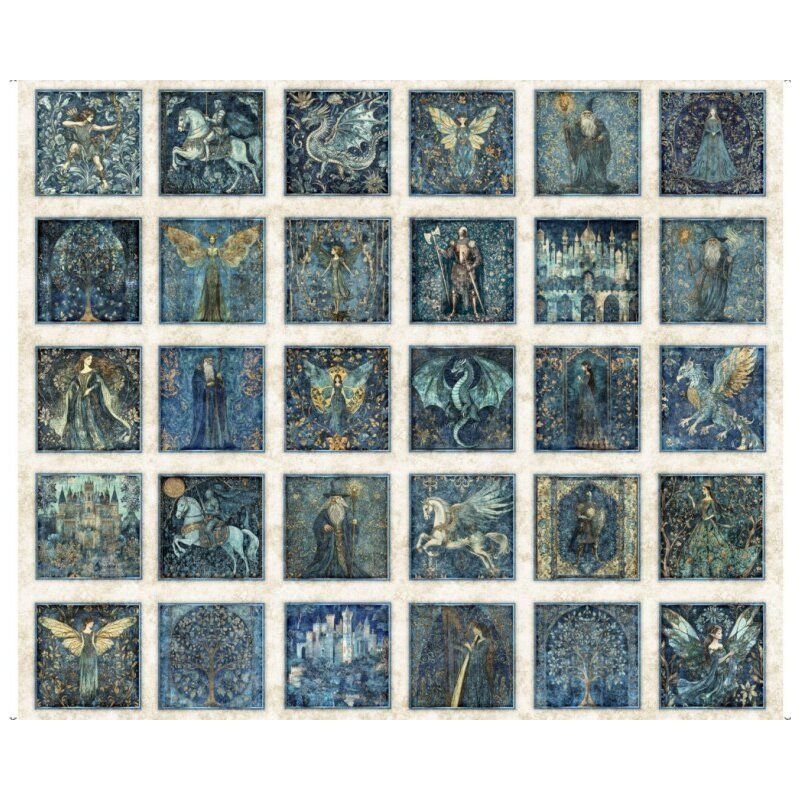 Folklore fabrics: Medieval Picture Patches Panel, Small 6" Blocks, Cream 36" (92cm)