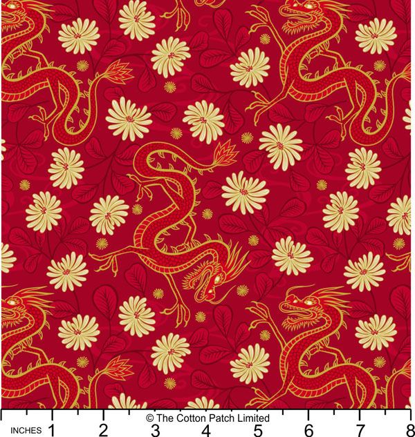 Year of the Dragon fabric: Dragon on Red, Gold Metallic Year of the Dragon fabric: Dragon on Red, Gold Metallic