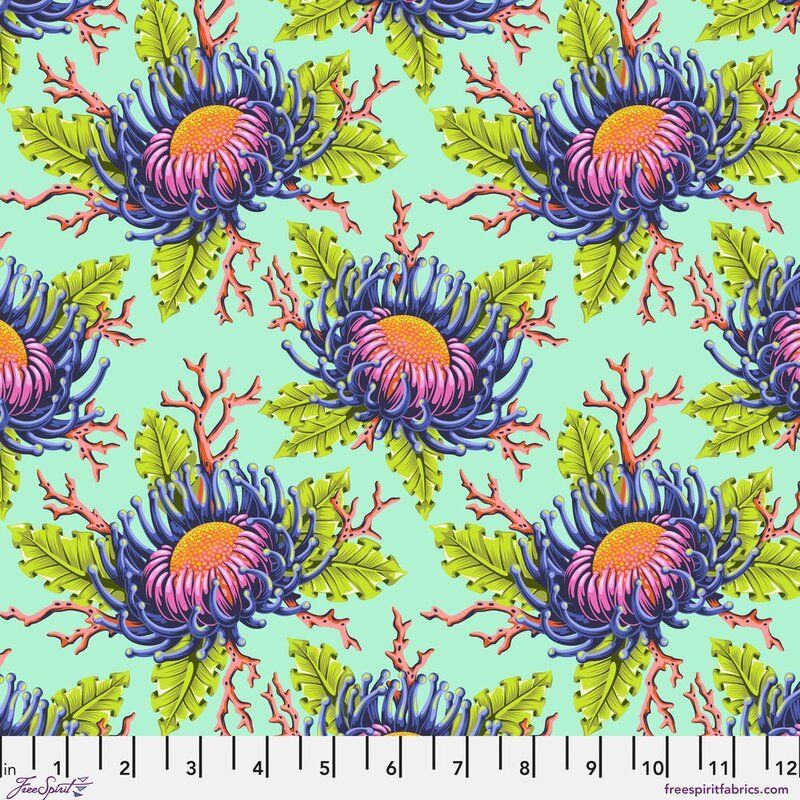 Floral Reef fabric, Friends and Anemones, Seafoam
