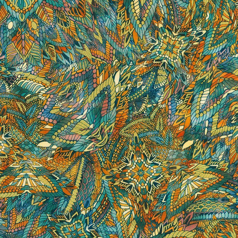 Golden Feathers fabric: Feather Mosaic, Peacock