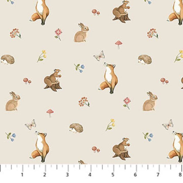Woodland Heart Fabric: Mini Animals, Beige