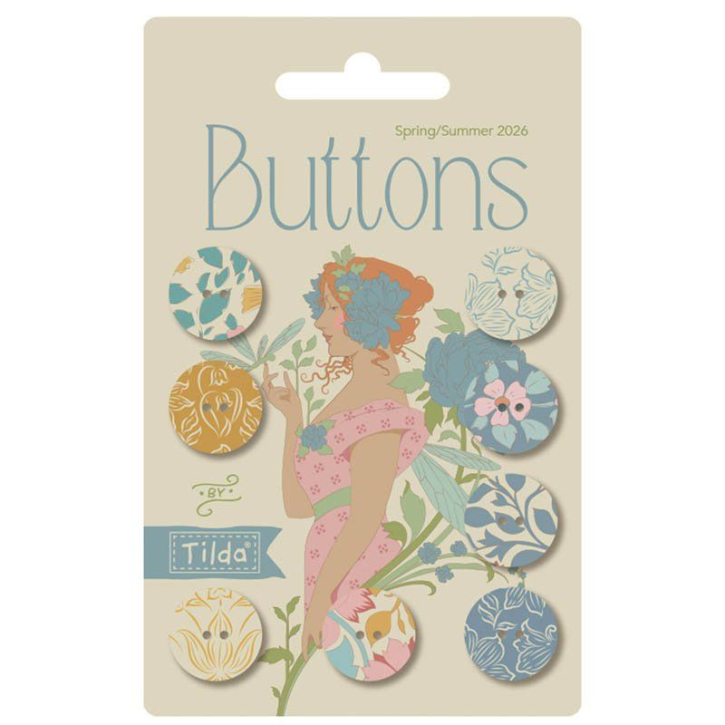 Tilda Songbird Buttons: Fabric Covered: 16mm, Blue/Yellow