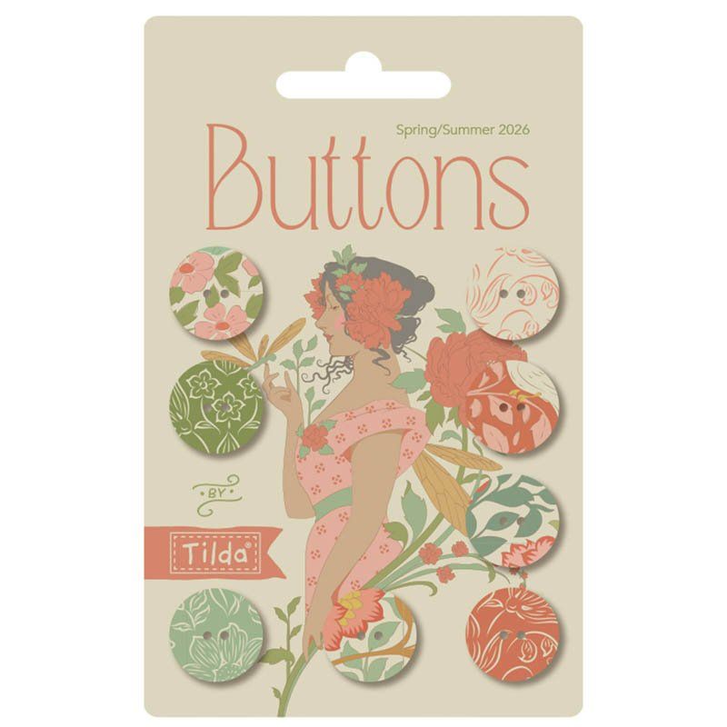 Tilda Songbird Buttons: Fabric Covered: 16mm, Coral/Green Tilda Songbird Buttons: Fabric Covered: 16mm, Coral/Green