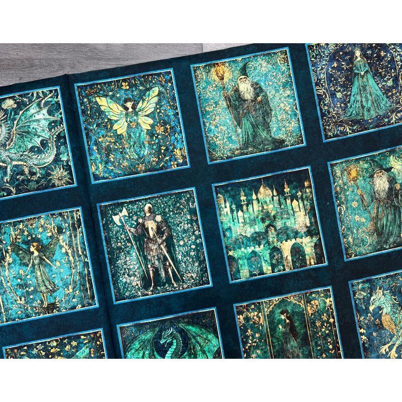 Folklore fabrics: Medieval Picture Patches Panel, Small 6" Blocks, Blue, 36" (92cm)