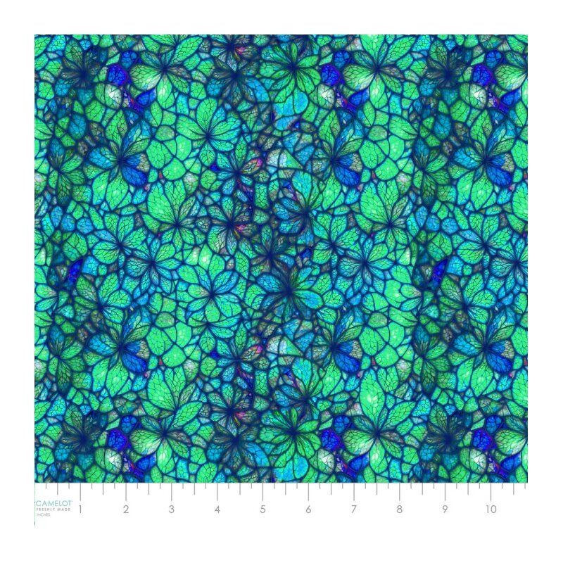 Sonny in the Sunflowers Fabric: Stained Glass Petals, Turquoise