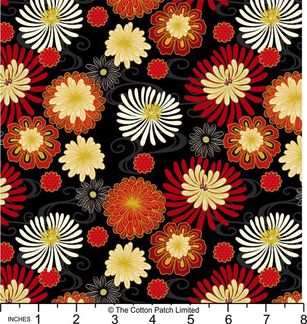 Year of the Dragon fabric: Black & Red Floral, Gold Metallic Year of the Dragon fabric: Black & Red Floral, Gold Metallic