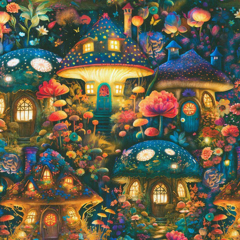 Night Fable fabric: Wild Mushroom Houses