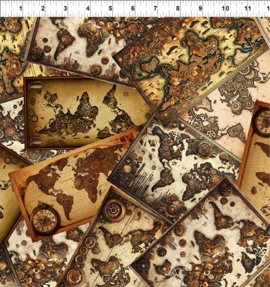 Steampunk Menagerie fabric, Multi Maps