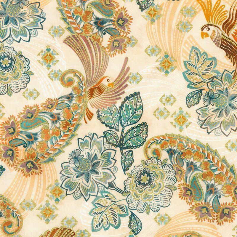 Golden Feathers fabric: Floral Paisley Birds, Parchment