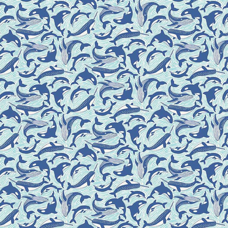 Deep Blue Sea Fabric: Fins and Tails, White