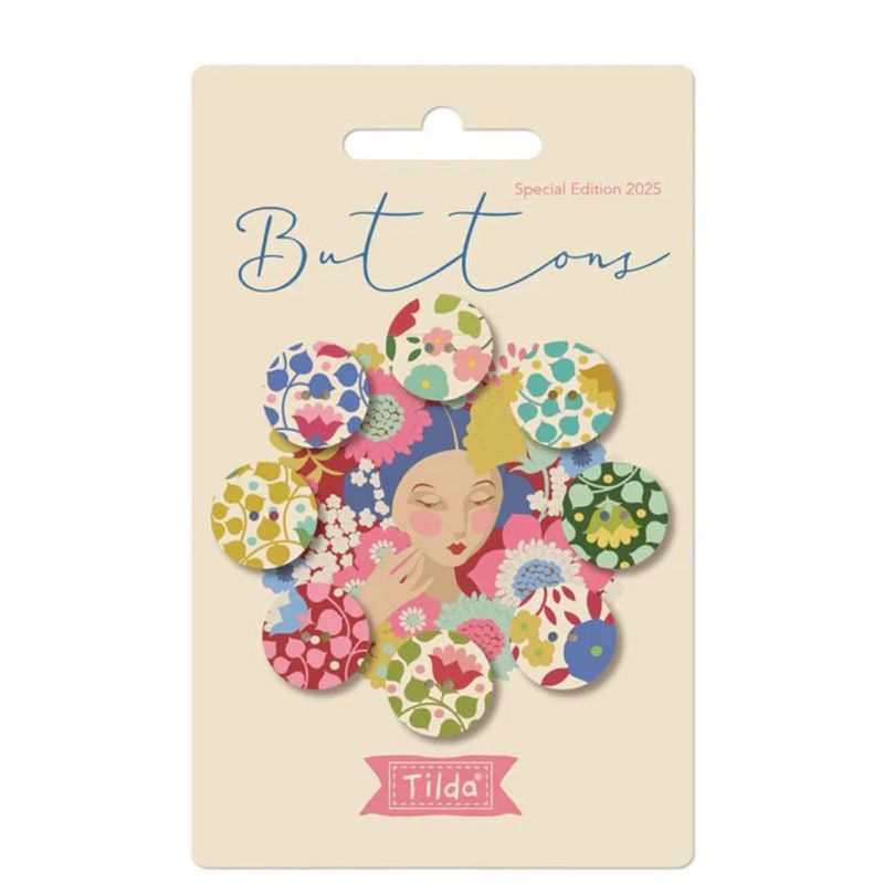 Tilda Wallflower Buttons: Fabric Covered: Red/Green 16mm 8pcs