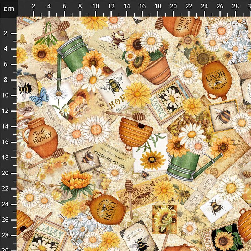 Conversationals Fabric: Sweet as Honey, Bee and Flower Garden Collage