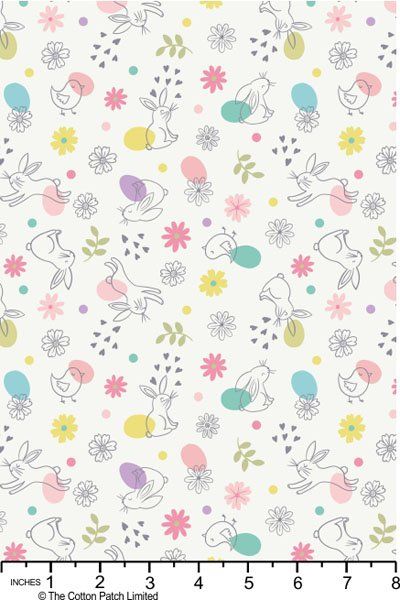 Spring Treats Fabric: Chicks and Bunnies, White Spring Treats Fabric: Chicks and Bunnies, White
