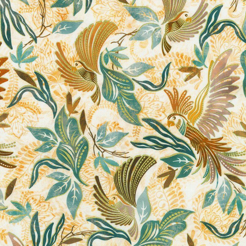 Golden Feathers fabric: Paisley Birds, Parchment Golden Feathers fabric: Paisley Birds, Parchment