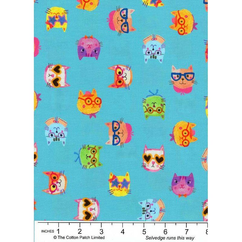 Whisker Wonderland fabric: Cats in Glasses, Pool Whisker Wonderland fabric: Cats in Glasses, Pool