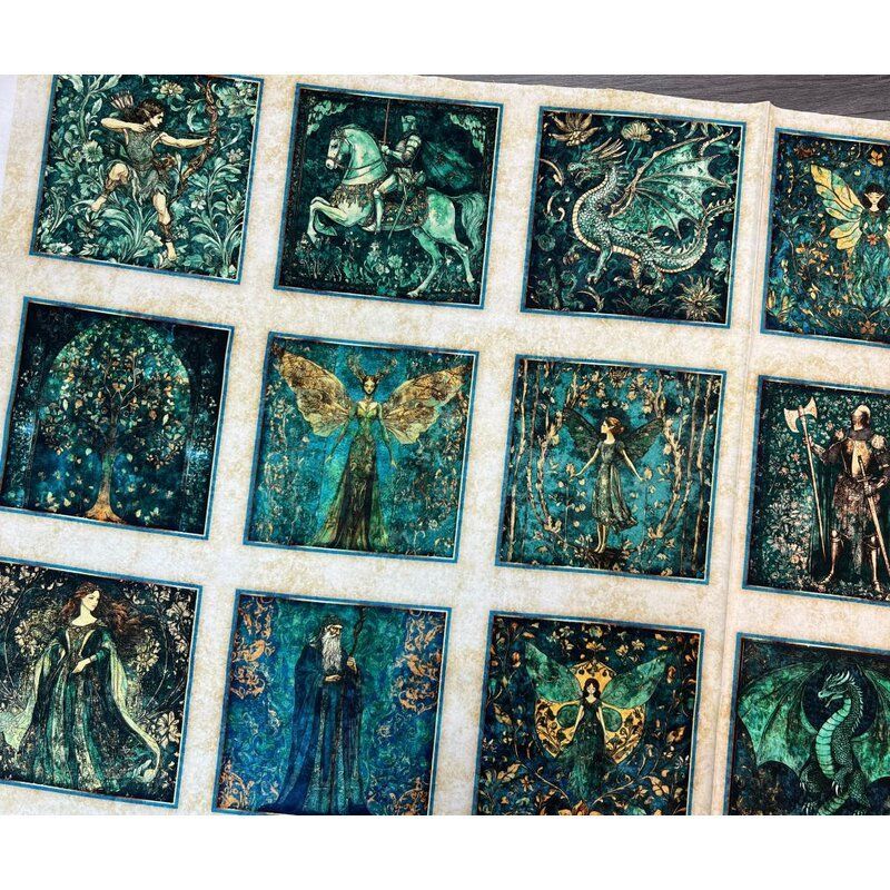 Folklore fabrics: Medieval Picture Patches Panel, Small 6" Blocks, Cream 36" (92cm)