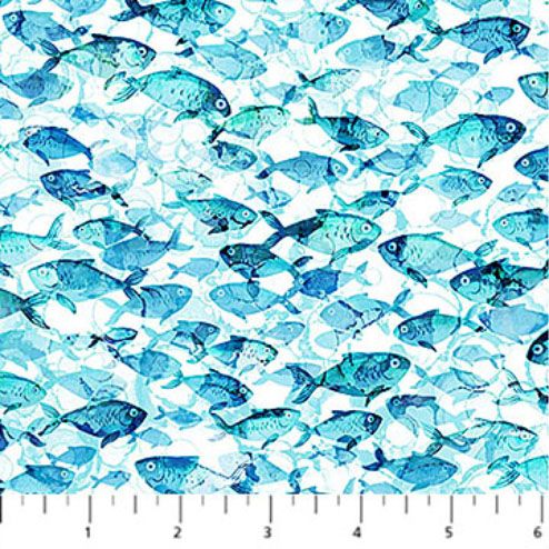 Deep Blue fabric: Fishes, White