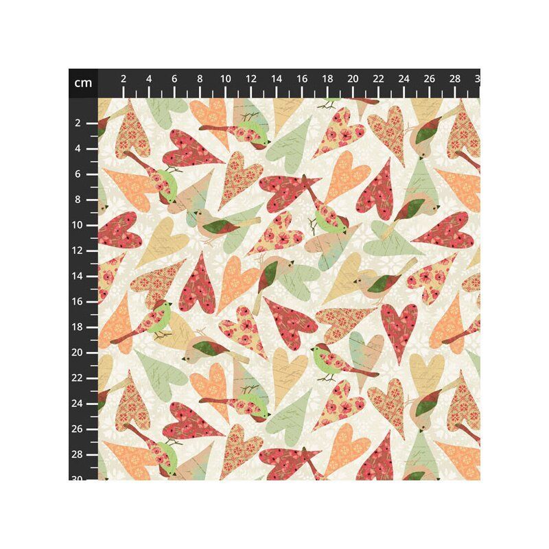Poppy fabric: Hearts and Birds, Ivory