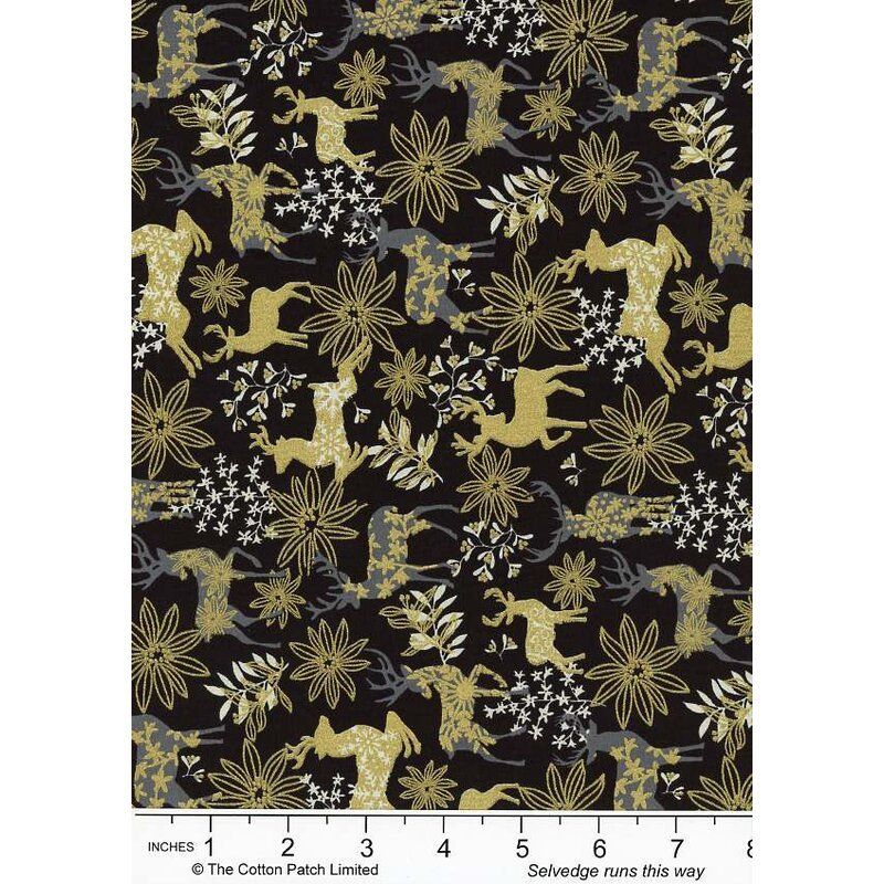 Holiday Metallics fabrics: Gold Metallic Deer & Floral, Black