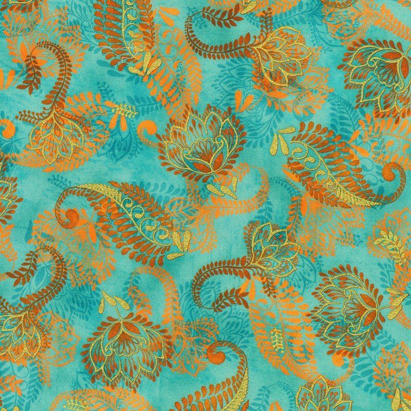 Golden Feathers fabric: Paisley Flowers and Feathers, Aqua
