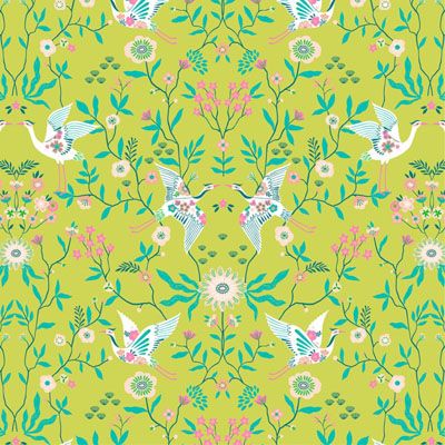 Blossom Days Fabric: Cranes on Lime (per 1/4 metre)