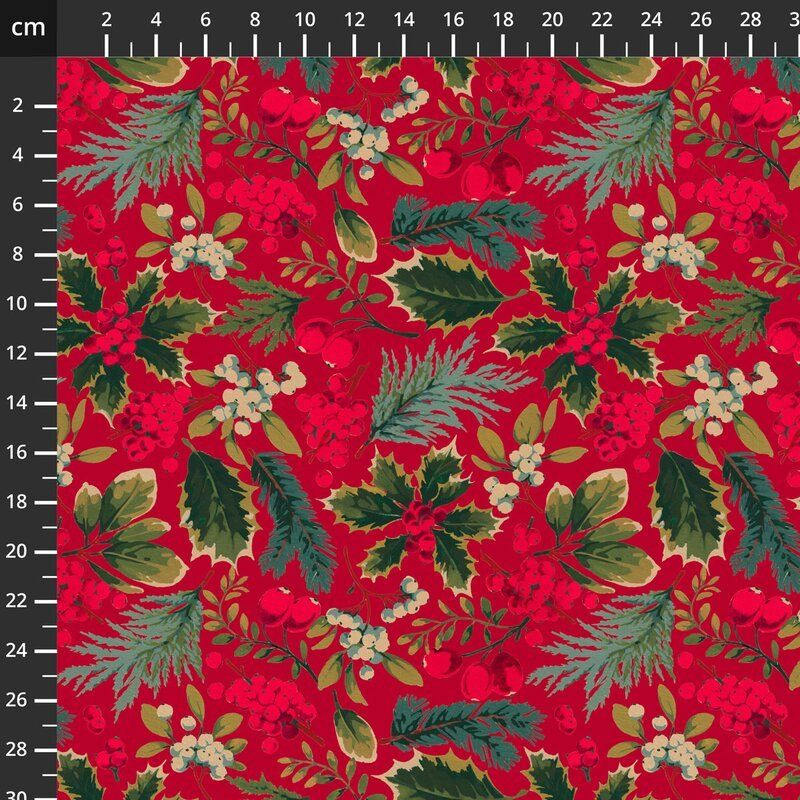 Designer Christmas fabrics, Martha Negley Foliage Red