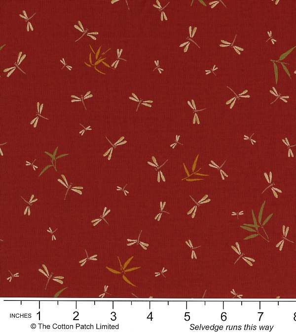 Sevenberry Favourites fabric: Dragonflies and Bamboo Leaves, Red